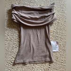 NWT Top Shop Off-Shoulder Cowl Neck Ribbed Top in Taupe - XS